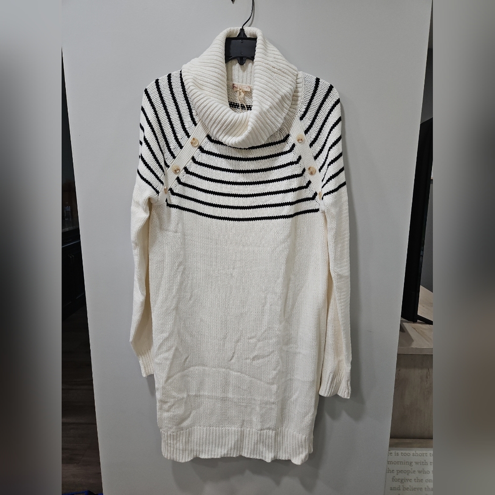 NWT Womens Hem & Thread White And Black Striped Sweater Dress Large L